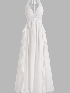 White Maxi ruffled laced dress. Open back, sleeveless, side leg openings Small
